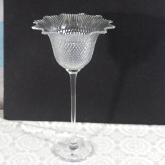 JM Glass Portugal Pressed Glass Ruffled Edge Diamond Pattern Candle Holder - Picture 1 of 5